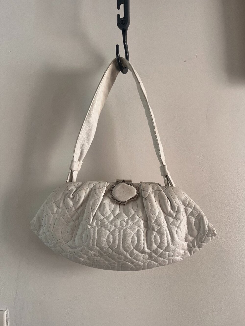Vintage Donald J Pliner White Quilted Leather Rhinestone Closure Handbag